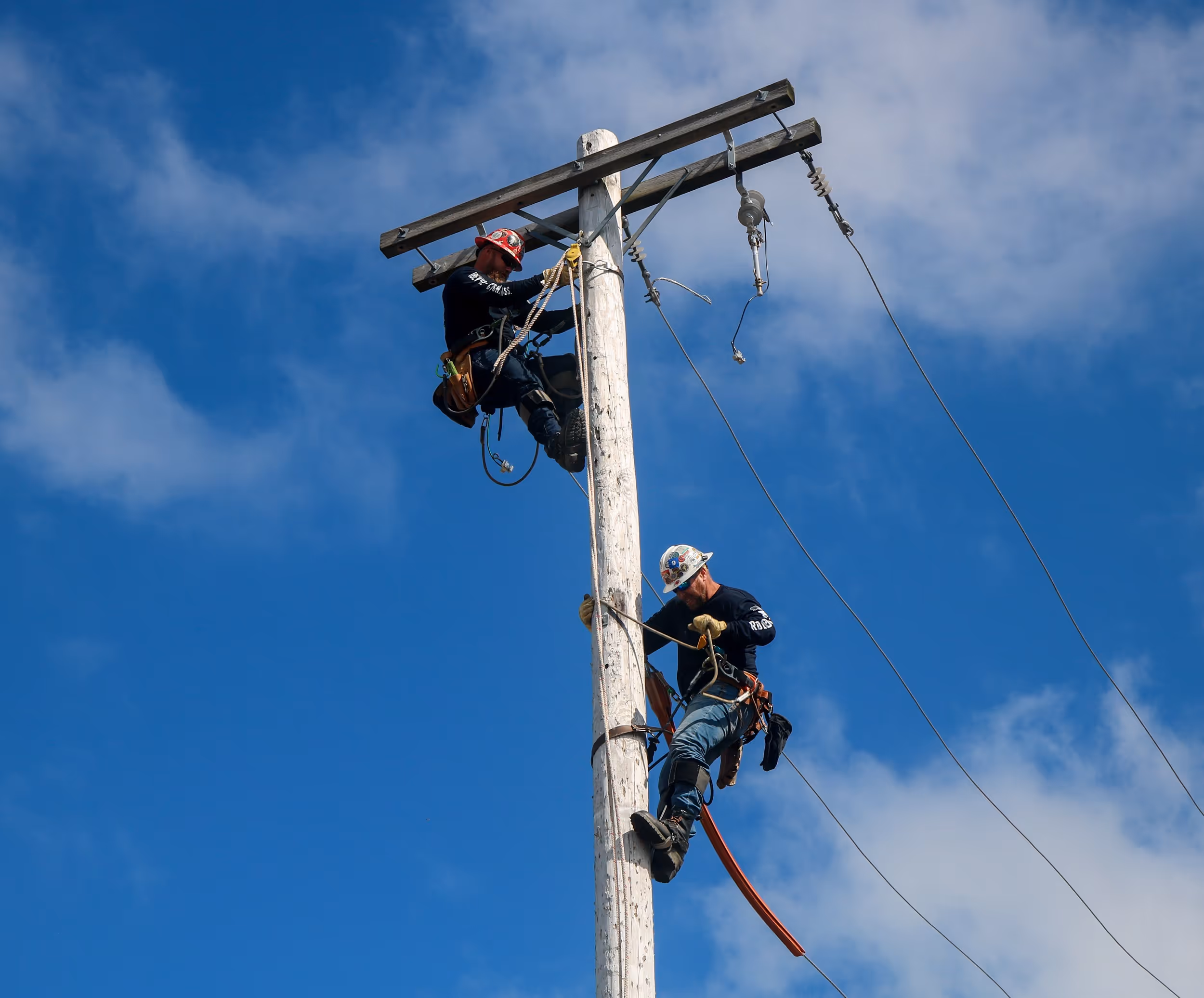 Two lineworkers with safety harnesses climbing and working on a utility pole under a bright blue sky.