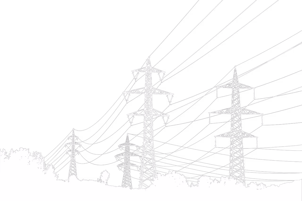 Black and white illustration of transmission towers and power lines above tree line, representing electrical infrastructure and utility work.