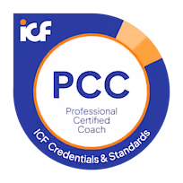 PCC badge with ICF logo, Professional Certified Coach text, and ICF Credentials & Standards ring.
