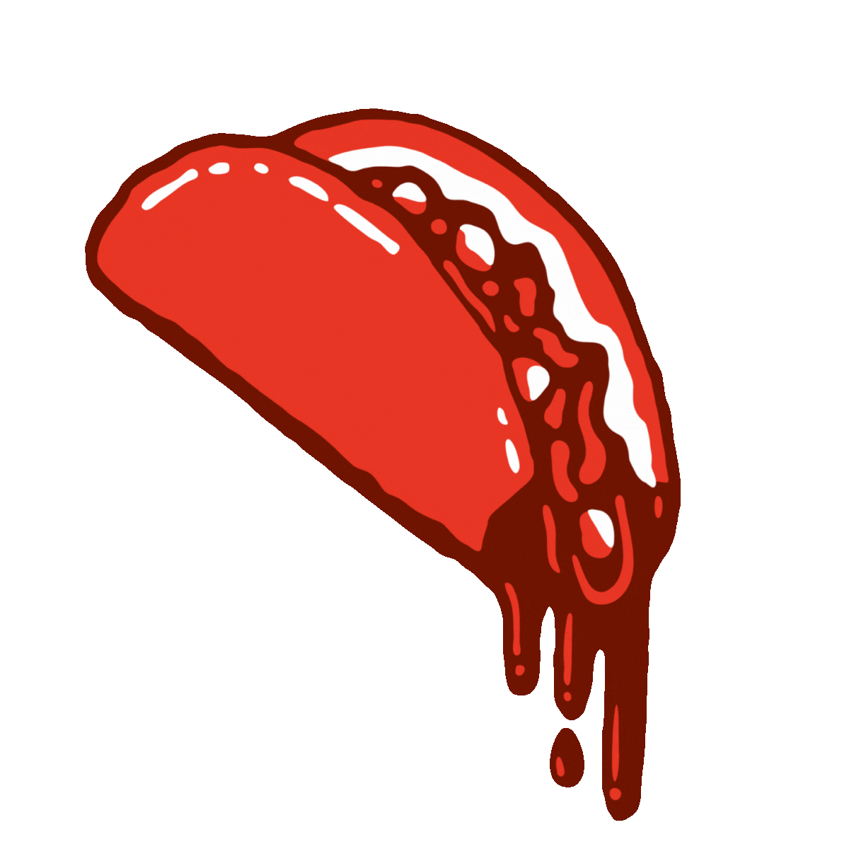 Illustration of a taco with red sauce dripping on a red background.