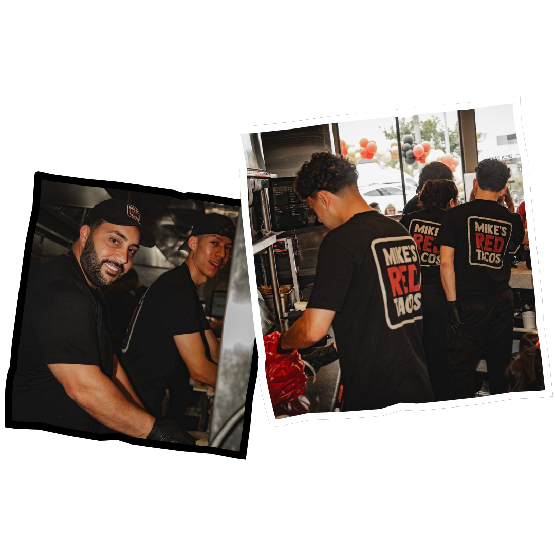Staff members wearing black shirts with 'Mike's Red Tacos' logo working inside a taco restaurant kitchen.