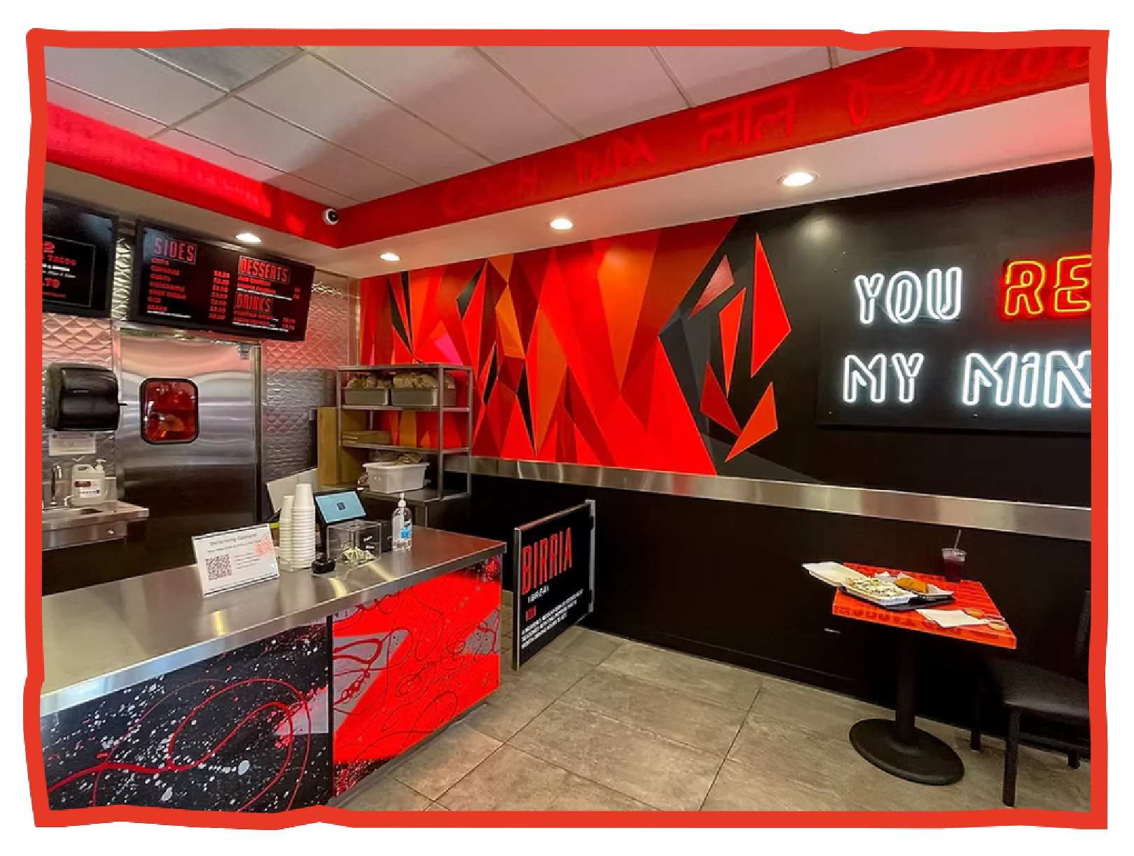 graphic, interior of Mike's Red Tacos Clairemont Mesa location