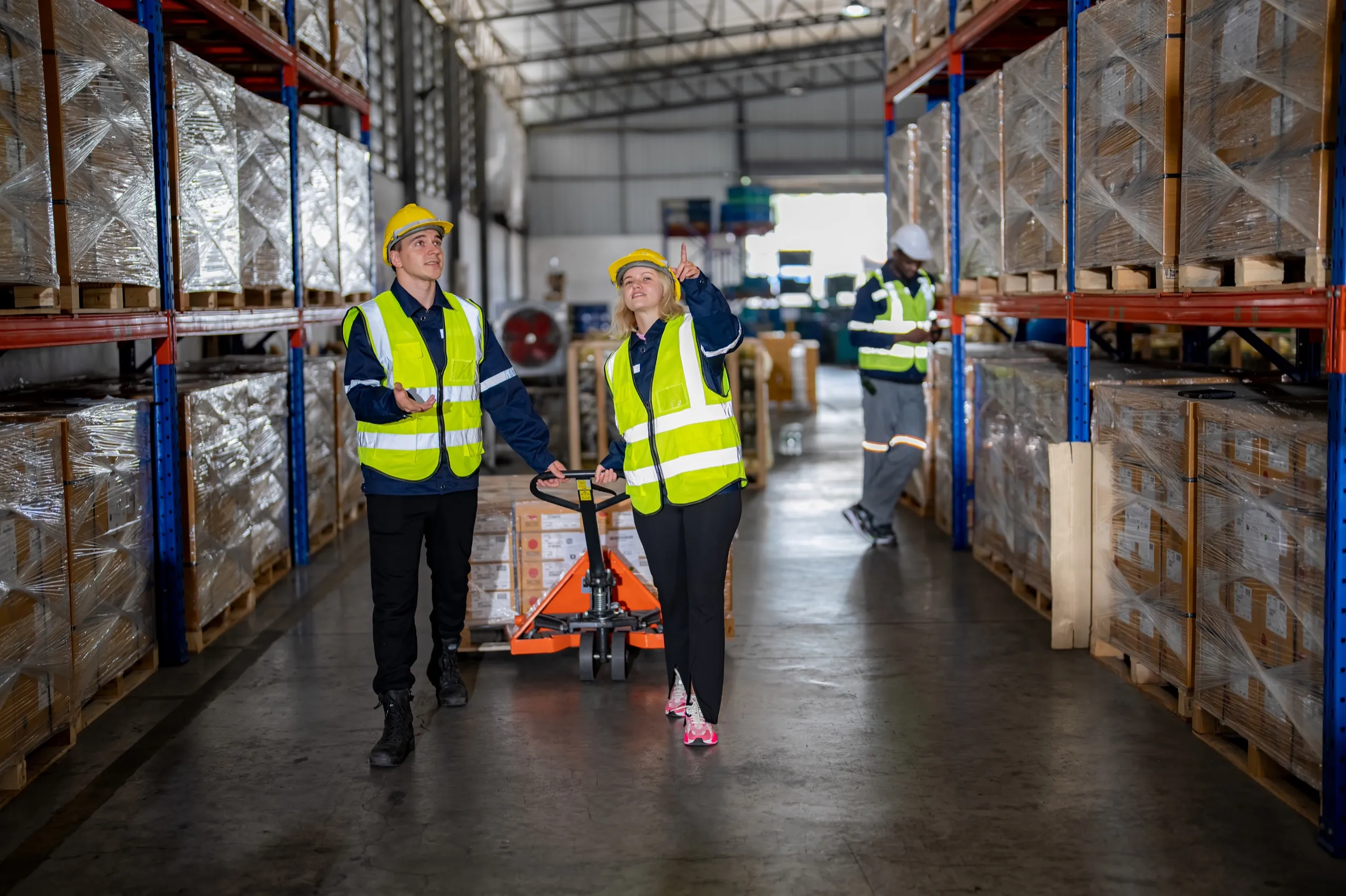 Two warehouse workers wearing yellow safety vests and helmets handling a pallet jack loaded with boxes, with another worker checking a device near shelves stacked with wrapped pallets.