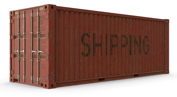 Large rusty red shipping container with closed metal doors and the word SHIPPING painted on the side.