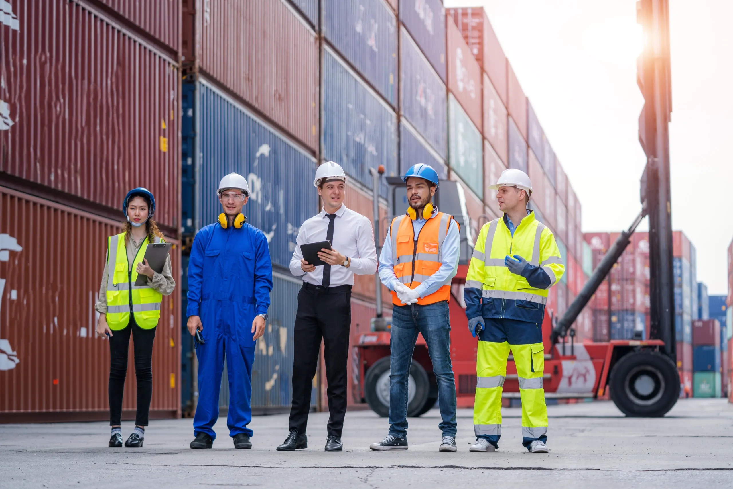 Five workers and engineers in safety gear standing in front of stacked shipping containers at a port.