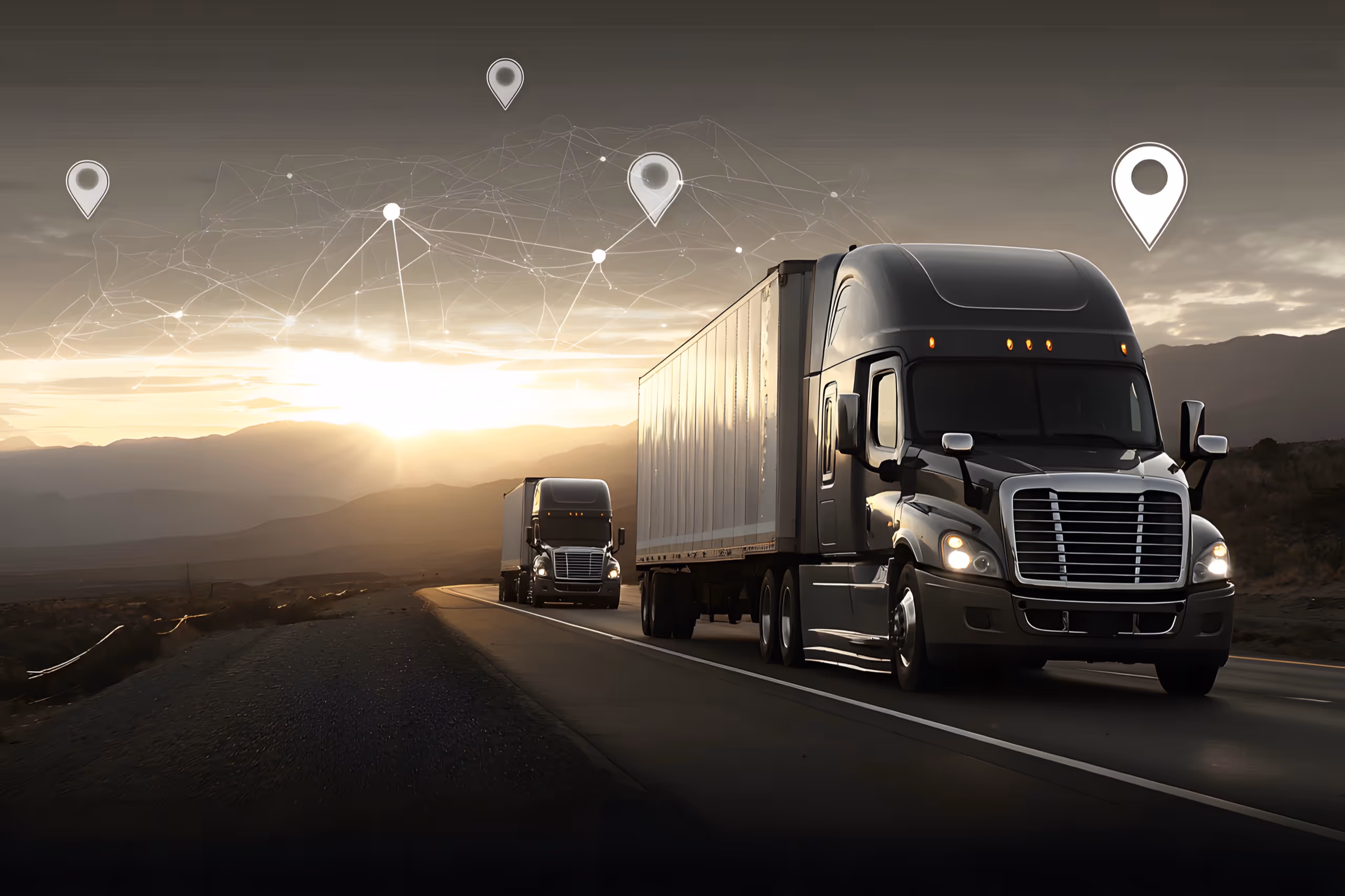 Two black semi-trucks driving on a highway at sunset with location pins and network lines overlayed in the sky.