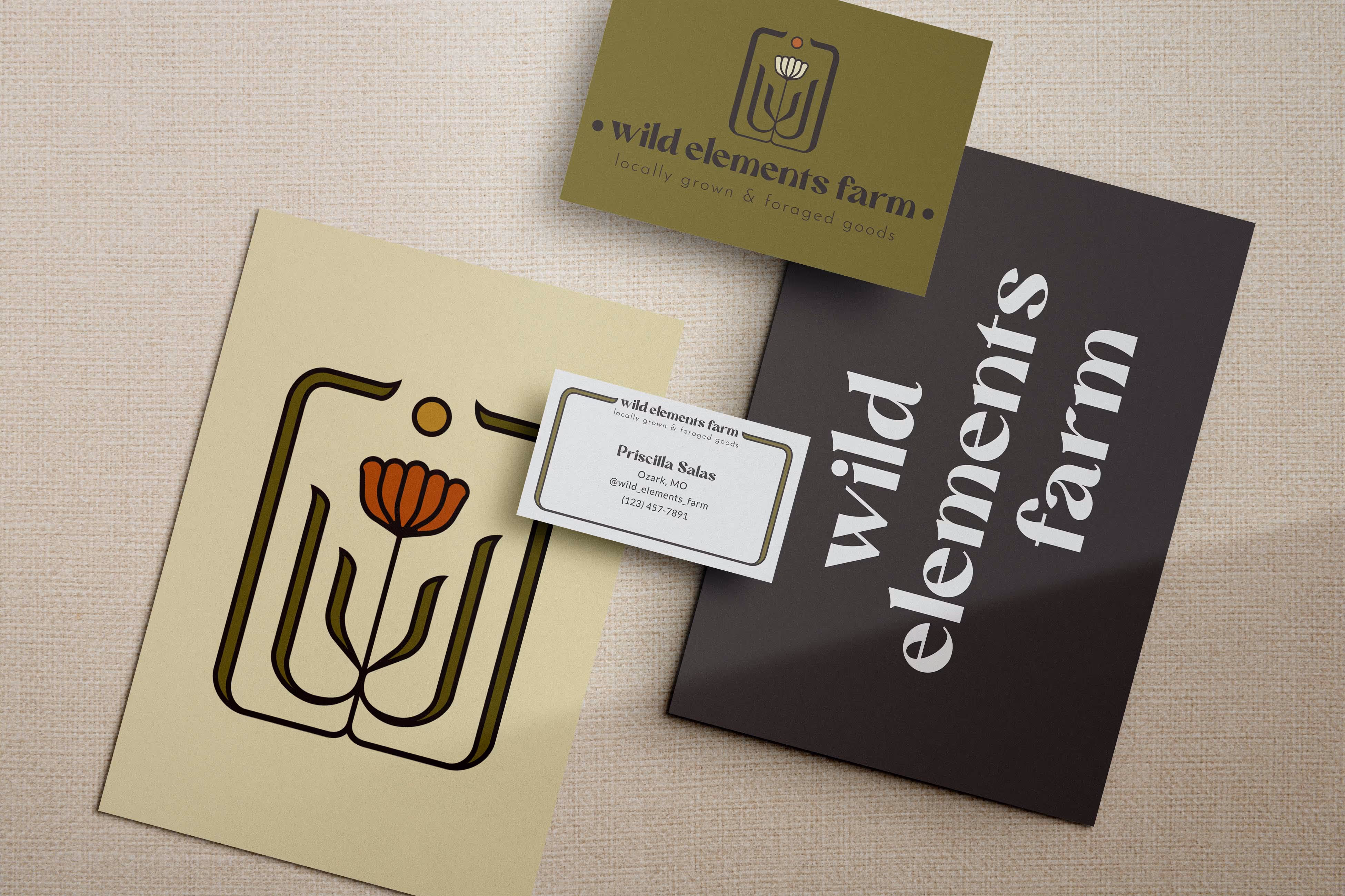 Mockup of WIld Element Farms designs. Logo, brand mark and business 