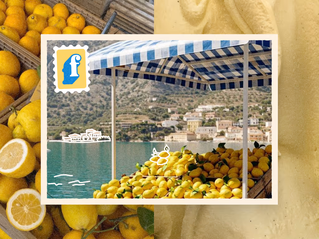 Mood board image for Field Trip, showing a sunny Italian coastal scene with lemons and a striped awning