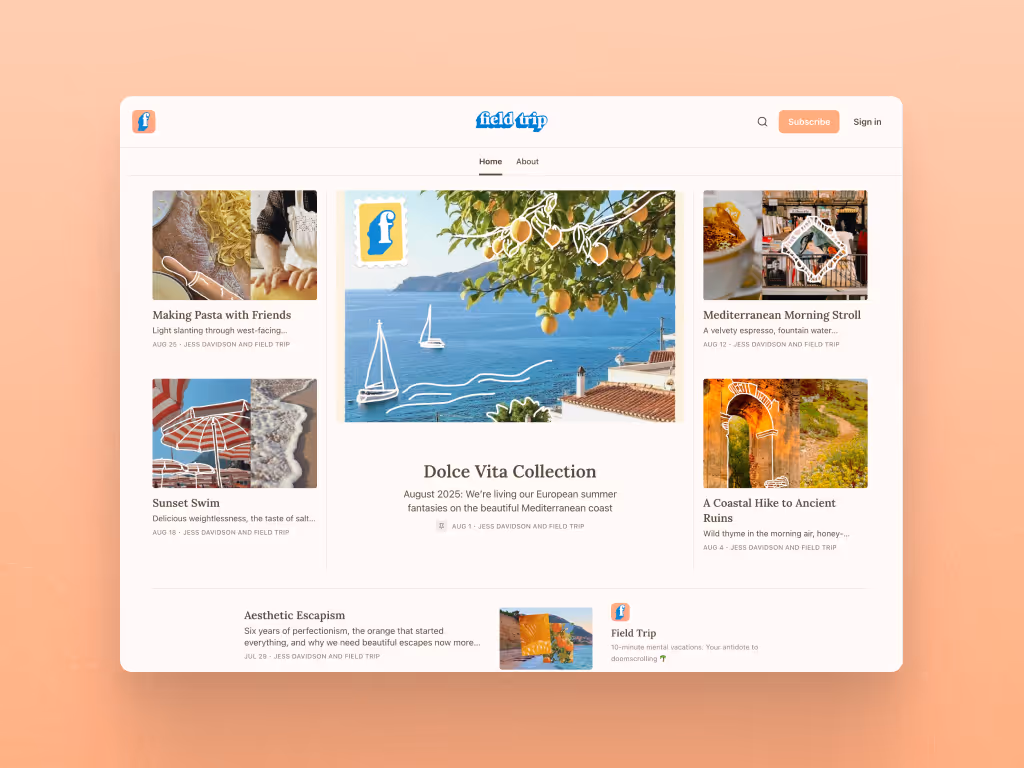 A screenshot of the Field Trip website homepage design, showing the brand implementation on substack.