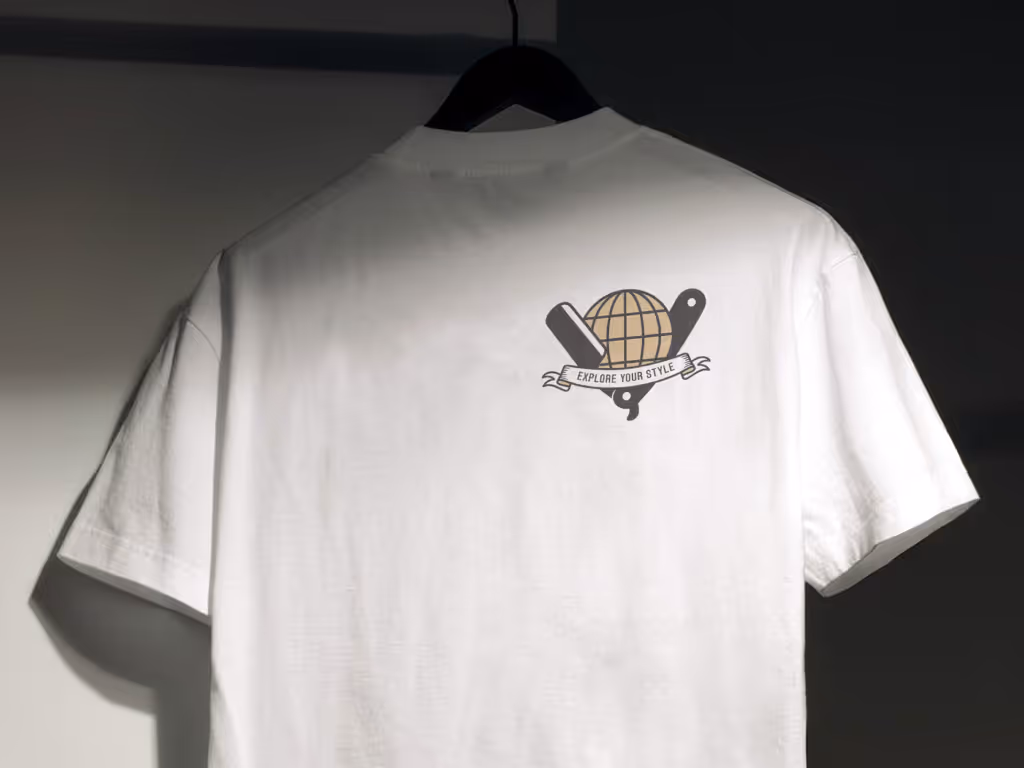 A mockup of the circular Vagabond logo printed on the back of a white t-shirt.
