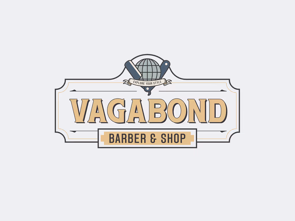 The primary Vagabond Barber & Shop logo in a horizontal, emblem style, with a globe and razor,