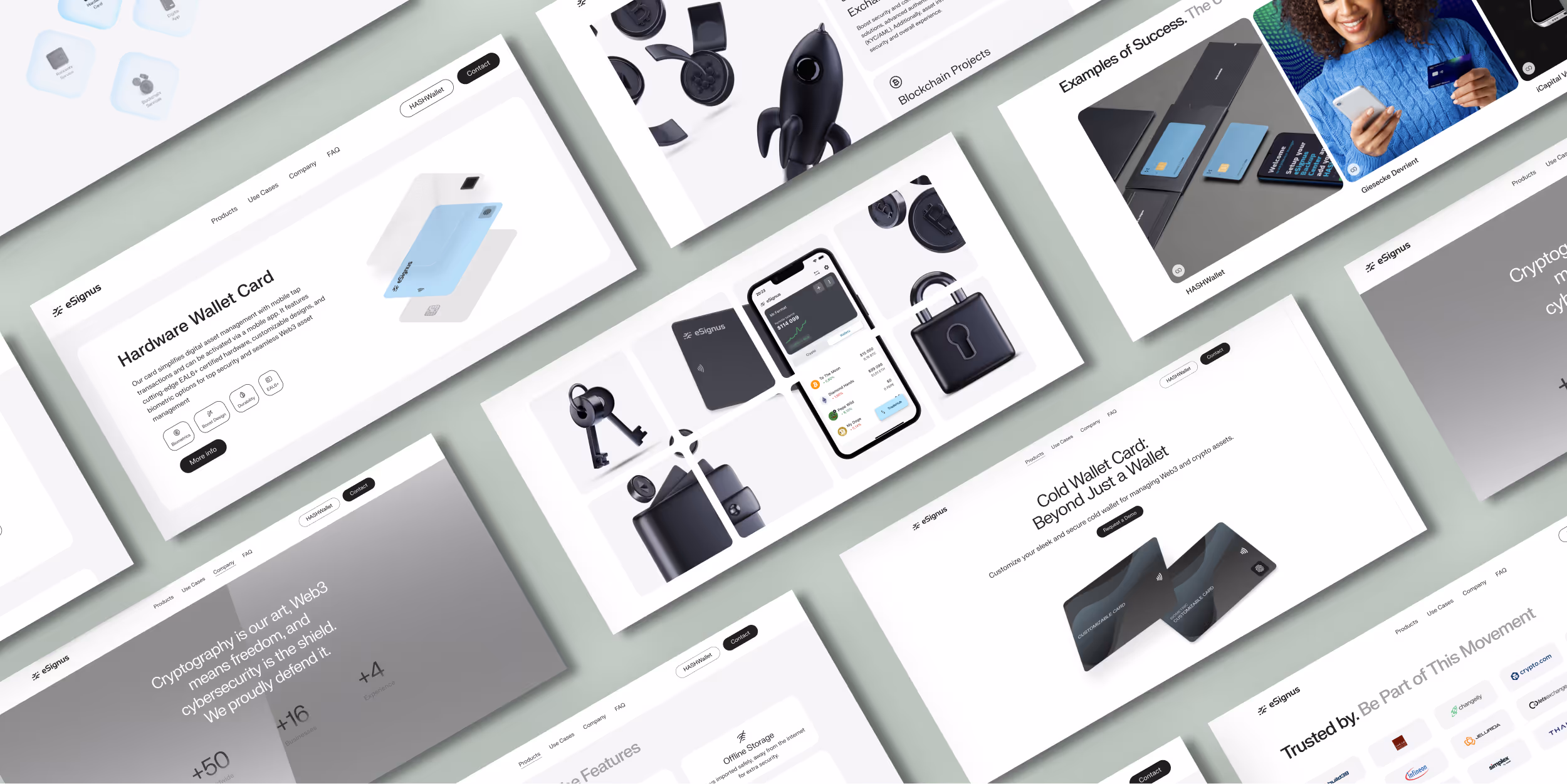 Multiple angled screenshots of a website showcasing eSignus hardware wallet card, security features, blockchain projects, and user testimonials.