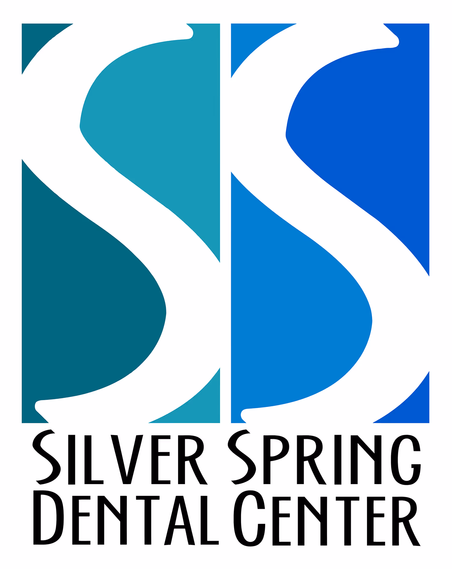 Silver Spring Dental Center logo with two stylized white S letters on teal and blue background blocks above black text.