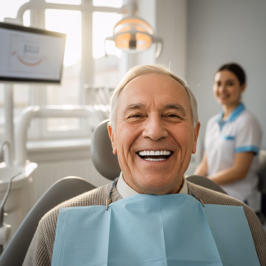Smiling elderly man sitting in a dental chair wearing a blue dental bib with a female dentist in the background.