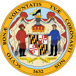 Seal of Maryland featuring a knight's helmet above a shield with Maryland's quartered flags, supported by a farmer and a fisherman, surrounded by a golden ribbon with Latin text and the year 1632.