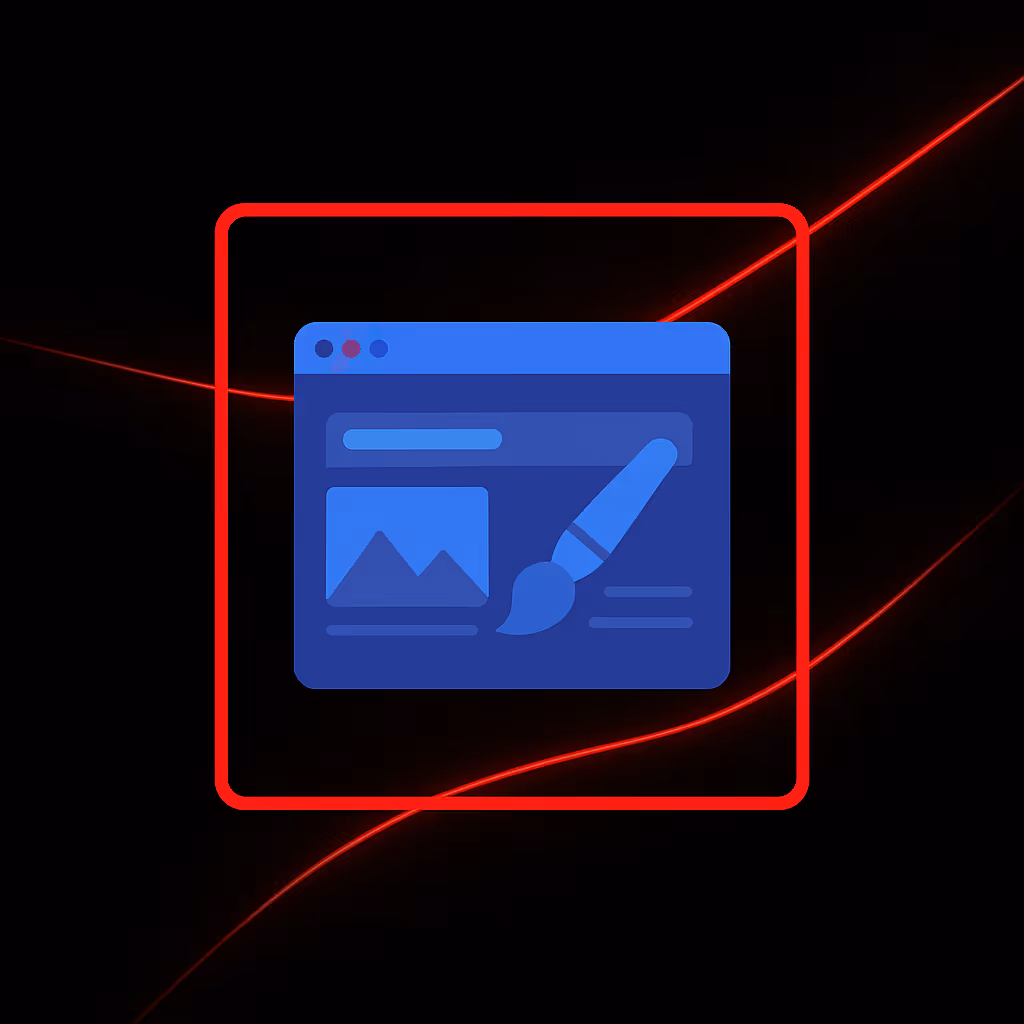 Blue digital illustration of a web design editor window with a paintbrush icon inside a red square outline on a black background with red light streaks.