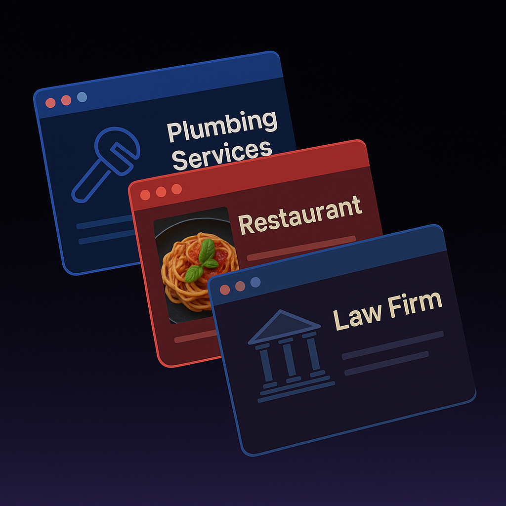 Three overlapping website browser windows labeled Plumbing Services with a wrench icon, Restaurant with a plate of spaghetti and basil, and Law Firm with a courthouse icon.