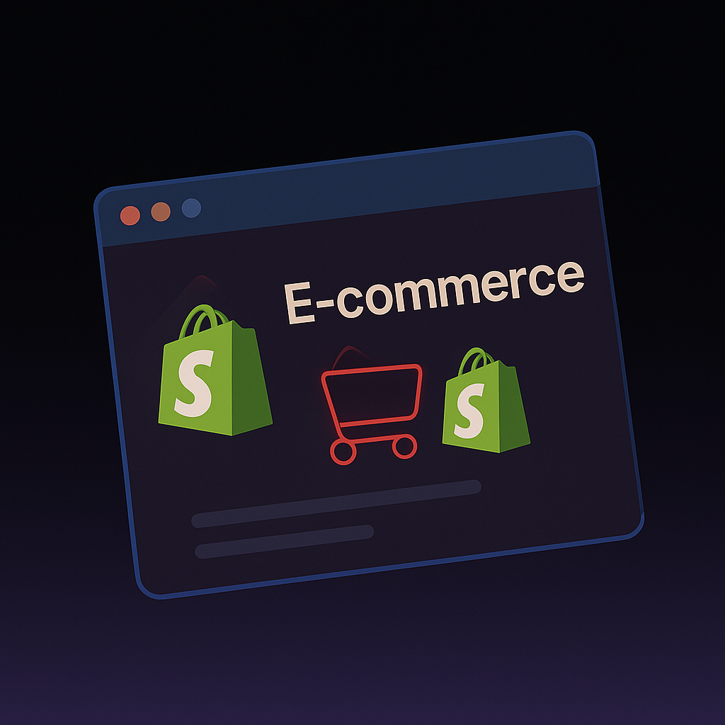 Digital browser window displaying the word 'E-commerce' with two green Shopify bags and a red shopping cart icon on a dark background.