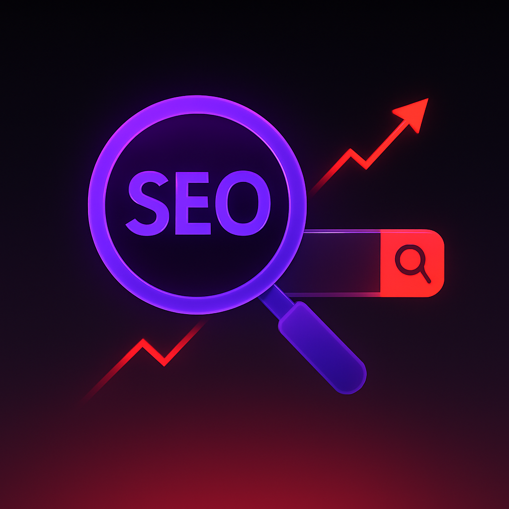 Purple magnifying glass highlighting SEO text over a red rising arrow and search bar icon.