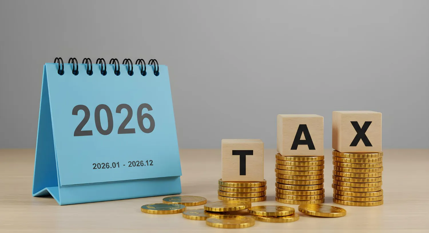 2026 desk calendar with stacked coins spelling TAX