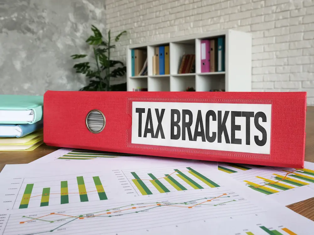 2025 tax brackets financial documents and reports on office desk