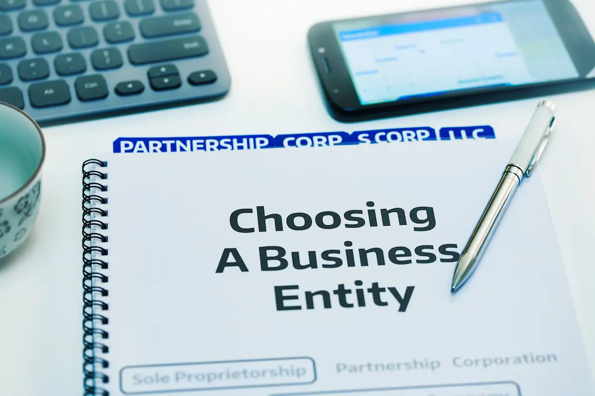 Choosing a business entity concept showing LLC, partnership, and corporation options.