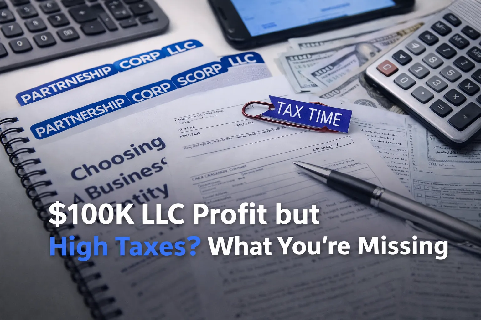 LLC tax planning concept with business entity documents, calculator, cash, and tax time reminder.