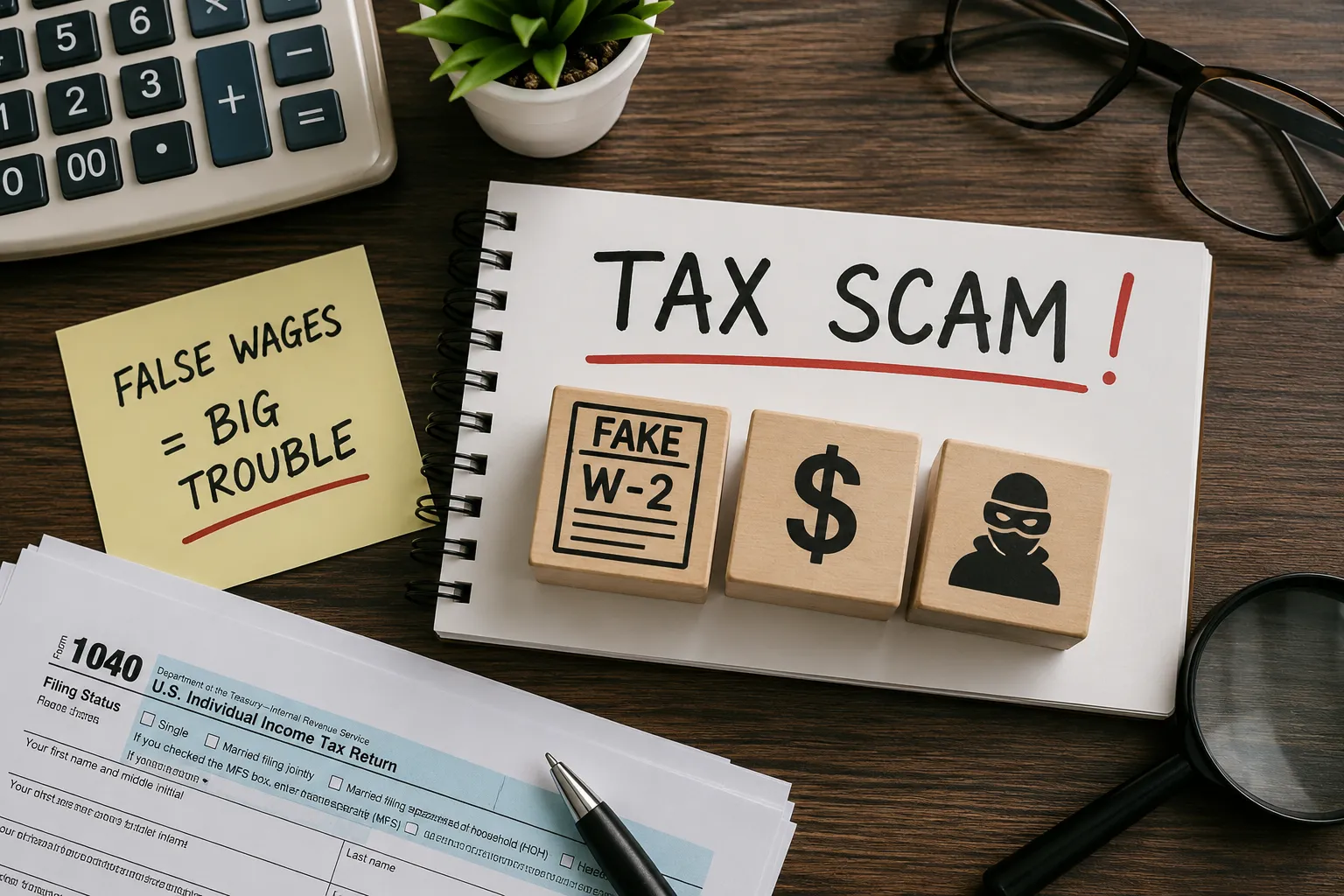 Tax scam warning concept with fake W-2 and IRS forms