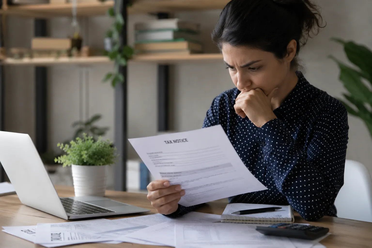 Woman reviewing an IRS tax notice at home office desk