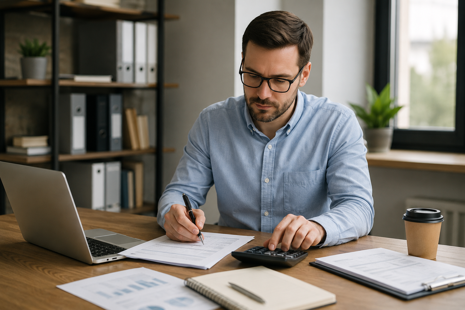 Business owner reviewing S-Corporation paperwork and financial records
