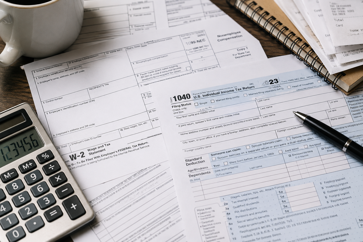 Federal tax documents and accounting paperwork prepared for tax filing