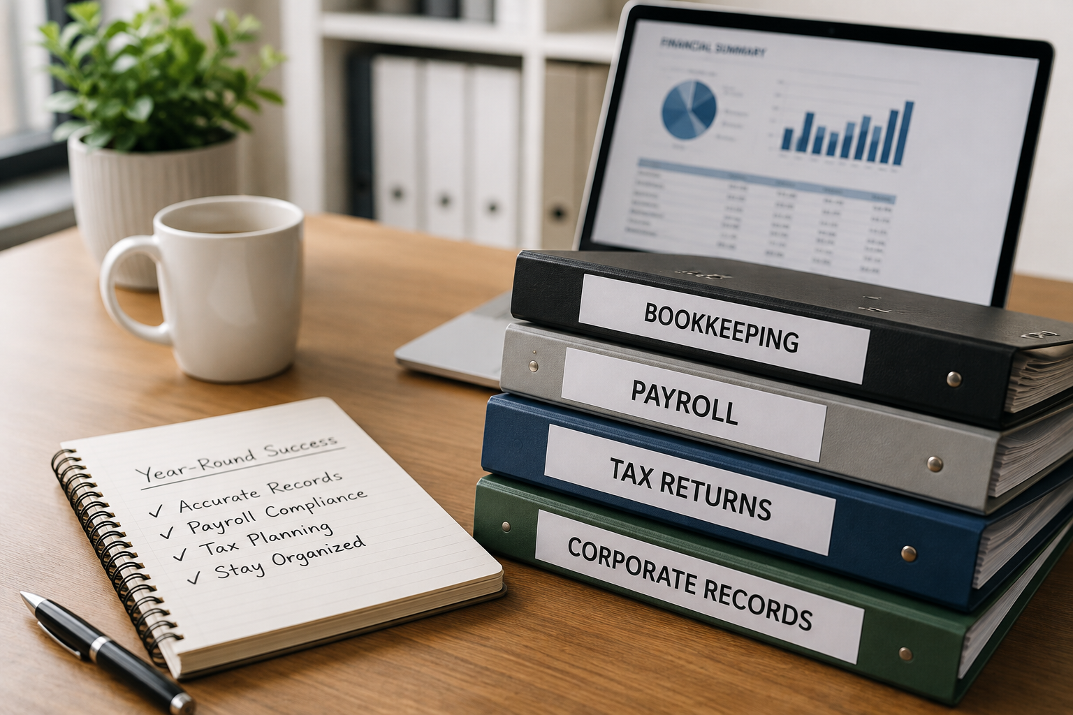 Organized business accounting records with bookkeeping and payroll files