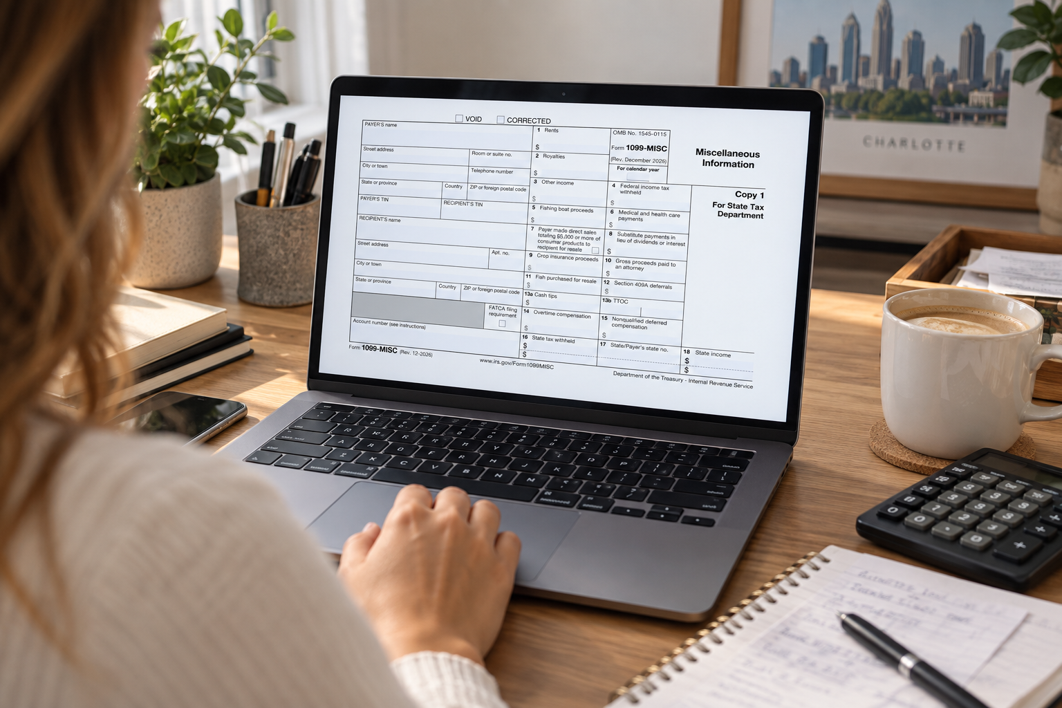 Form 1099-MISC displayed on a laptop during tax preparation.