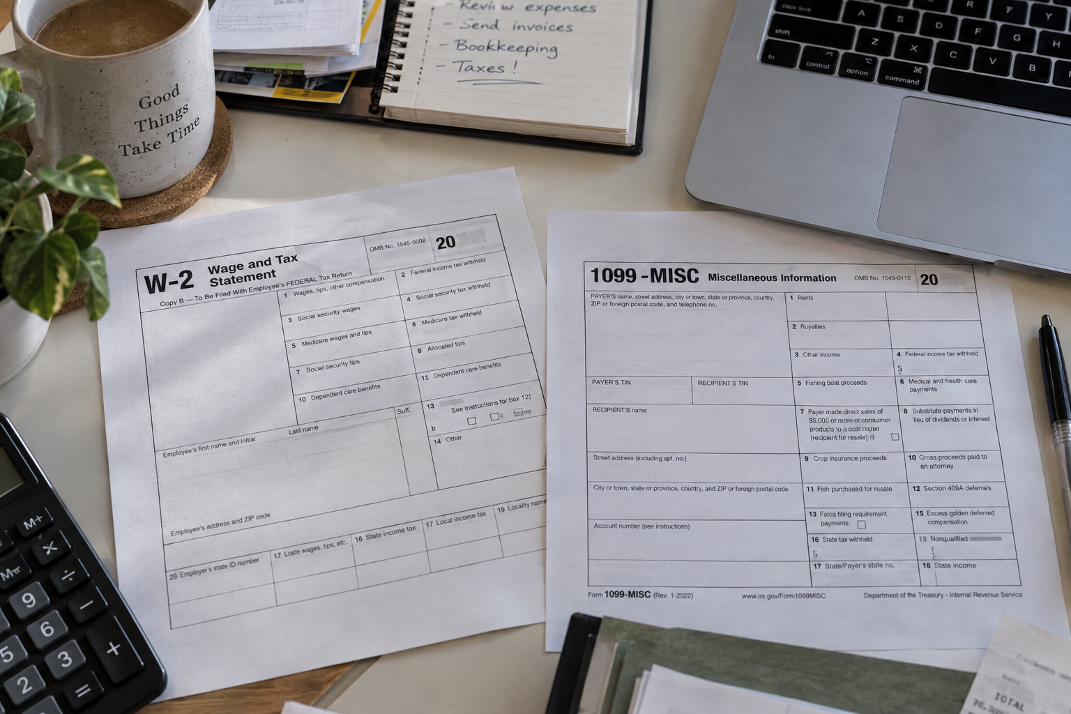 W-2 and 1099 tax forms on a desk with calculator and laptop.