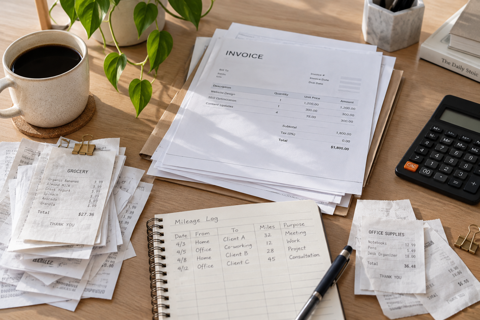Business receipts, invoices, and mileage log on a desk.