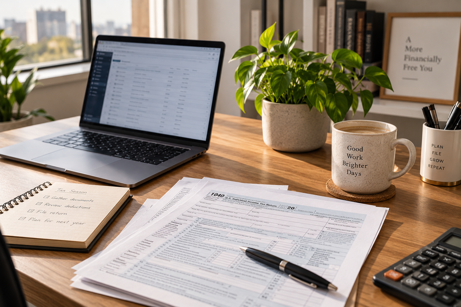 Tax return documents, laptop, calculator, and coffee on an office desk.