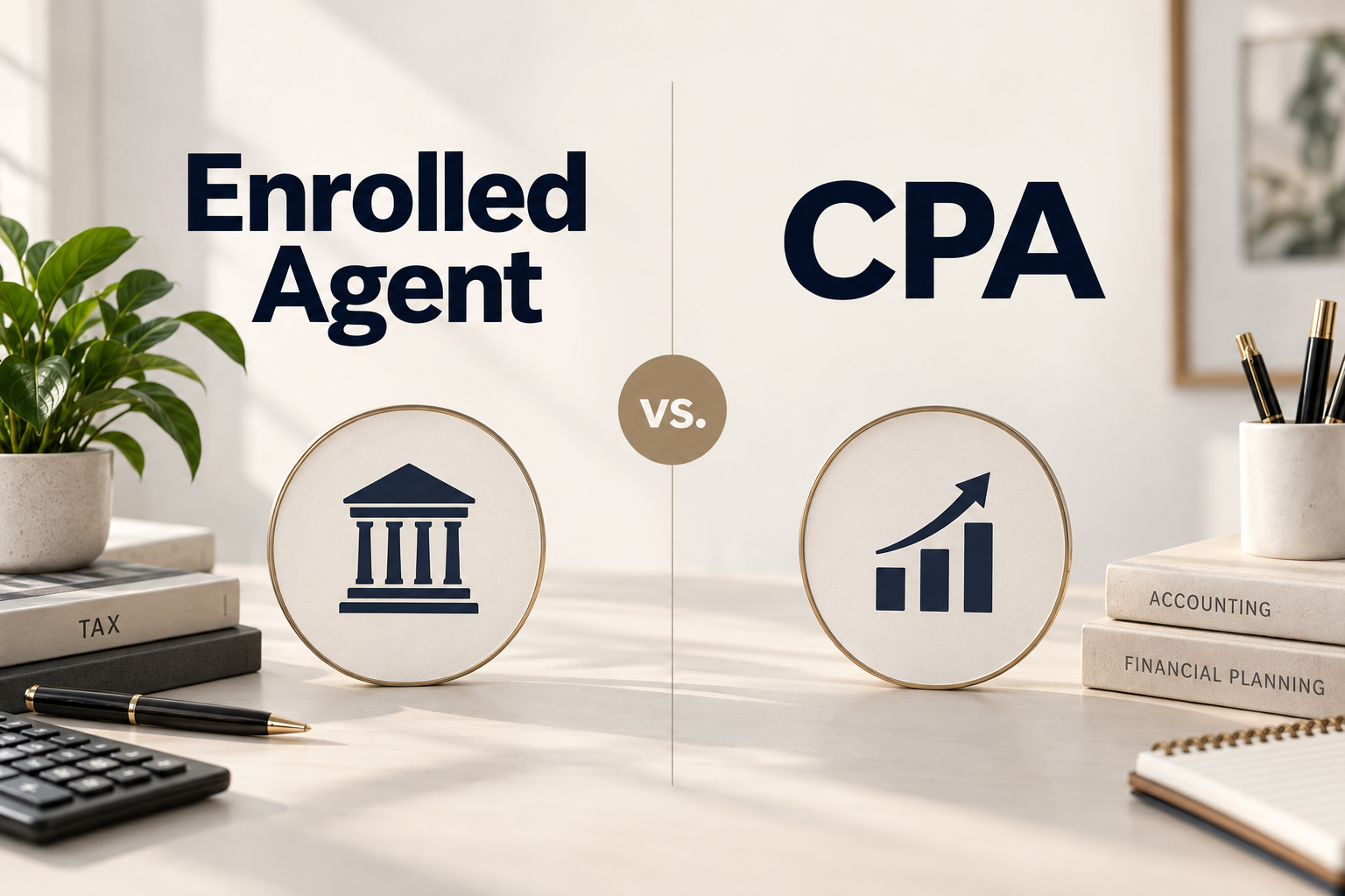 Enrolled Agent vs. CPA comparison graphic on a professional office desk.