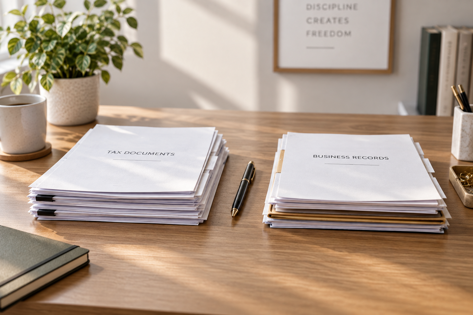 Organized tax documents and business records on a wooden desk.