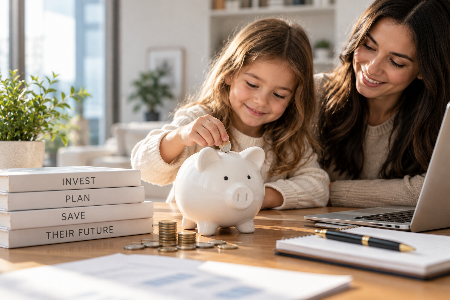 Mother and child saving money in a piggy bank.