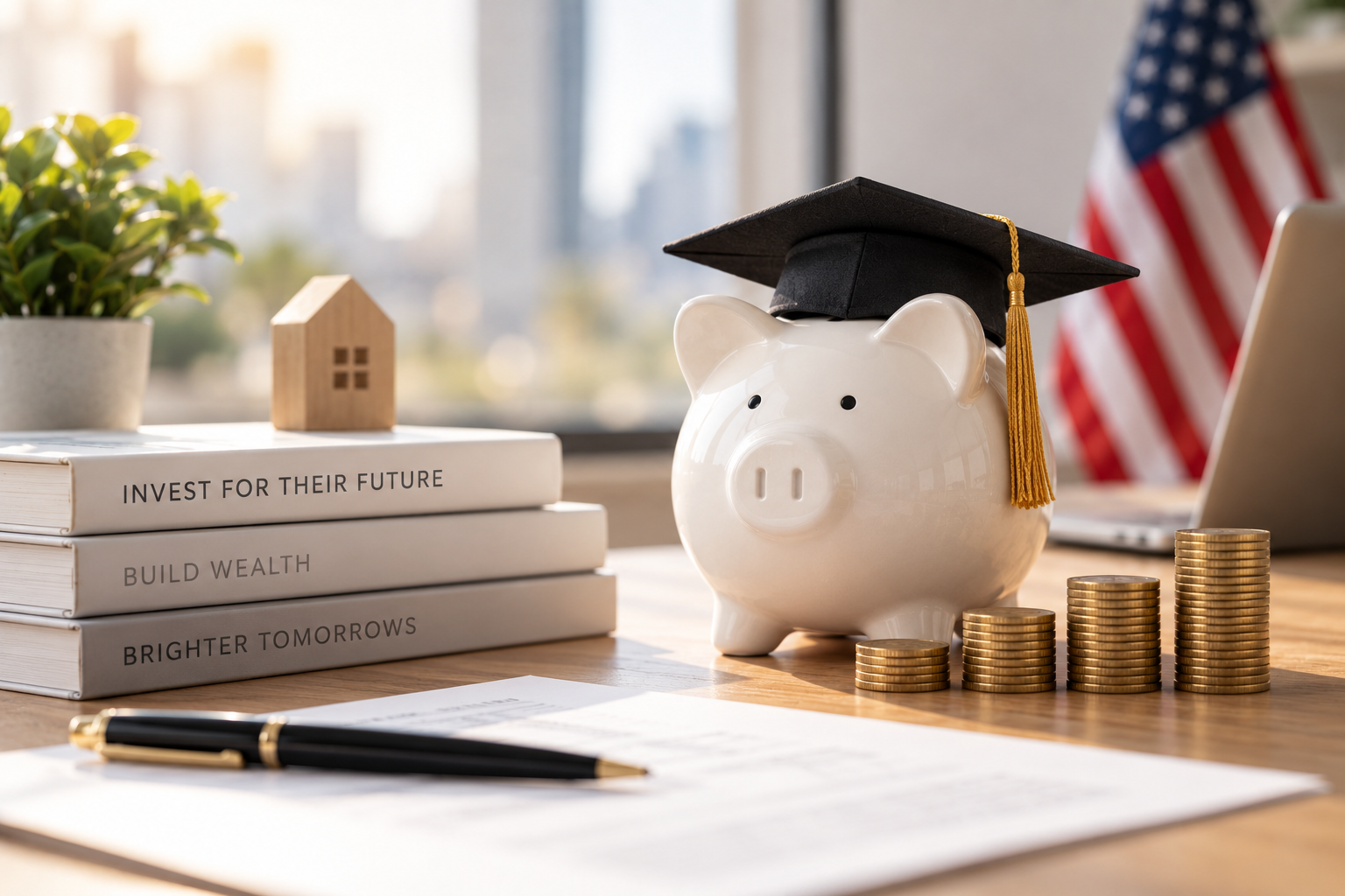 Piggy bank and graduation cap representing children’s savings.