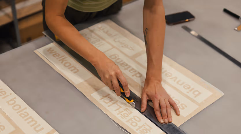 Person cutting a printed sheet with a utility knife and metal ruler on a table.