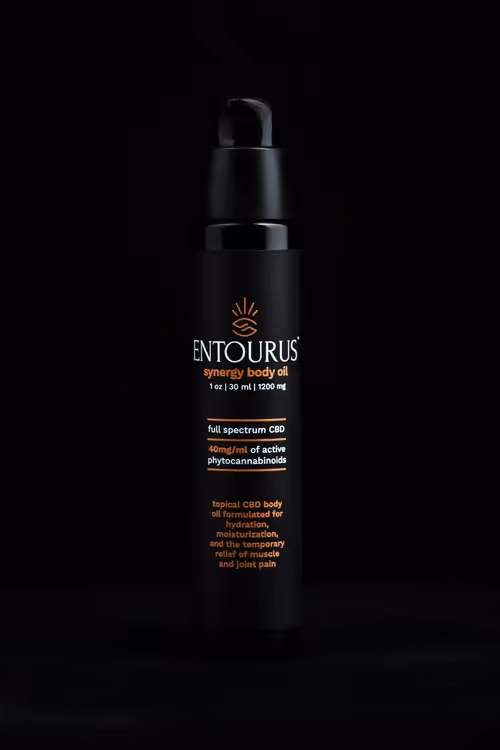 Entourus bottle centered on black background with orange label text, product photography by Photos by Lars.