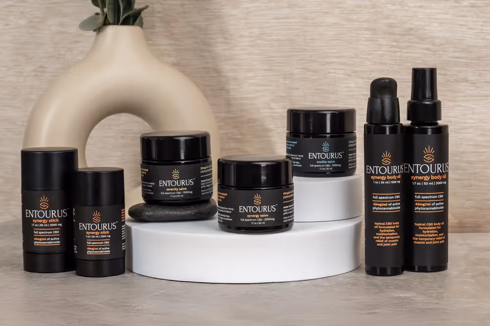 Entourus skincare lineup on white pedestal beside a ceramic vase, product photography by Photos by Lars.