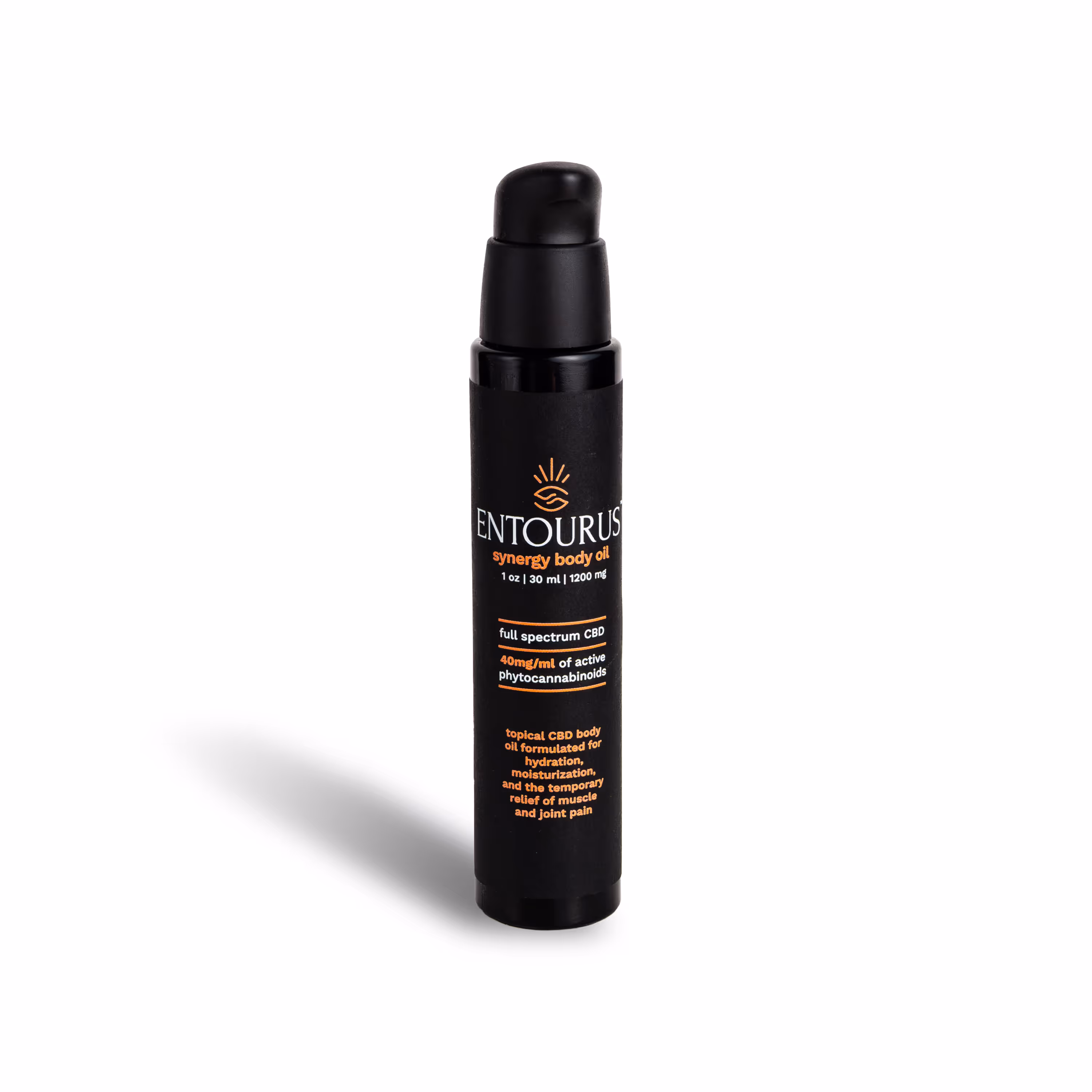 Entourus synergy body oil bottle labeled full spectrum CBD on white background, CPG product photo by Photos by Lars.