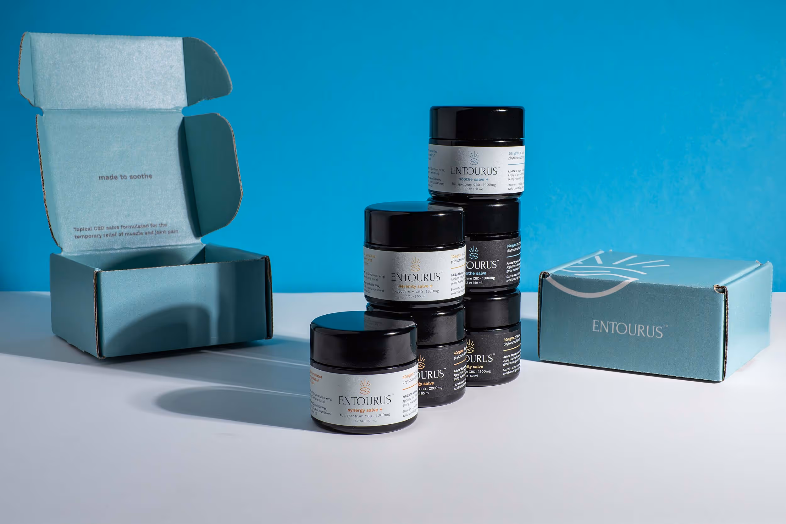 Entourus skincare jars beside teal boxes on bright blue background, CPG product photo Photos by Lars