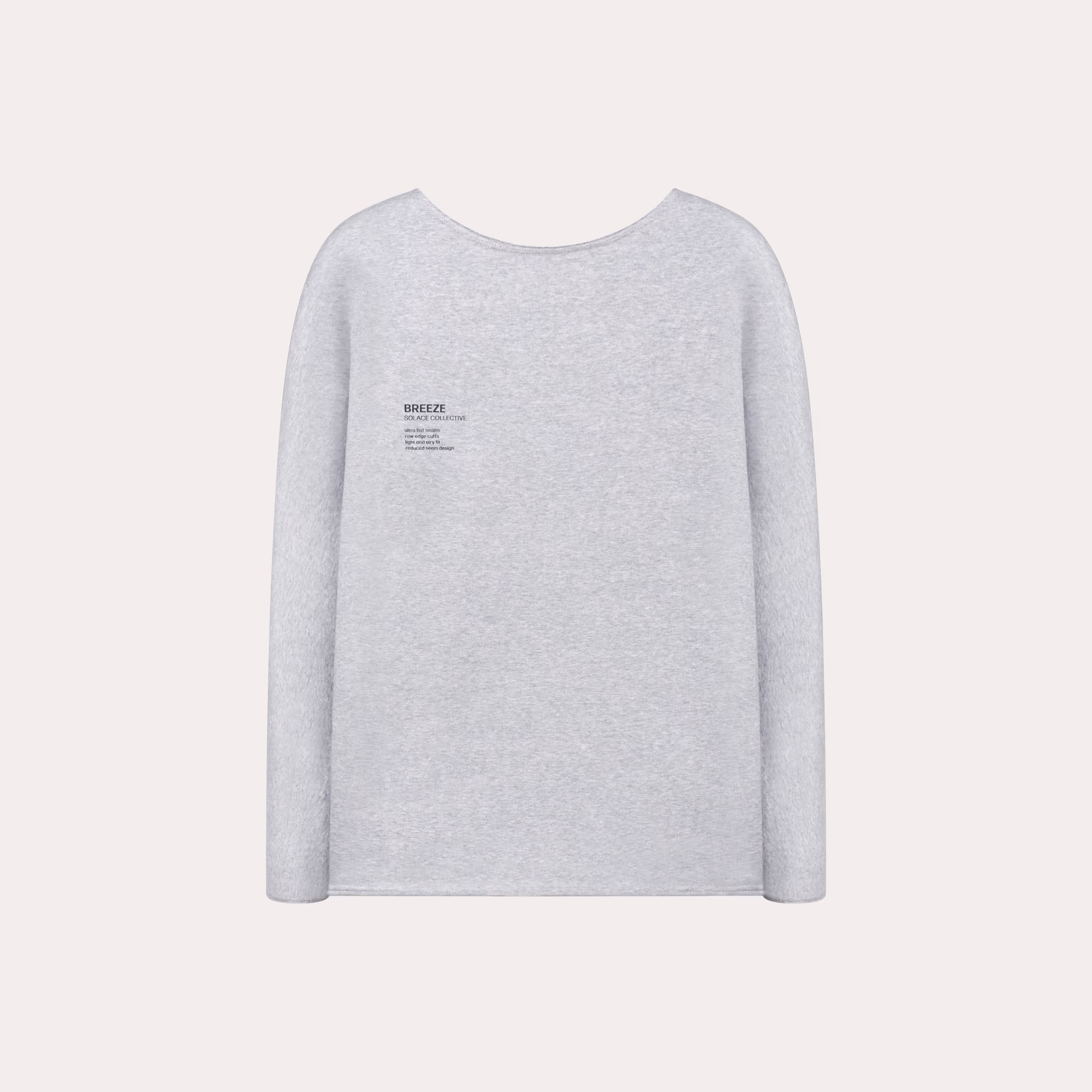 Light gray SOLACE crewneck sweatshirt front view on white, studio apparel photography by Photos by Lars.