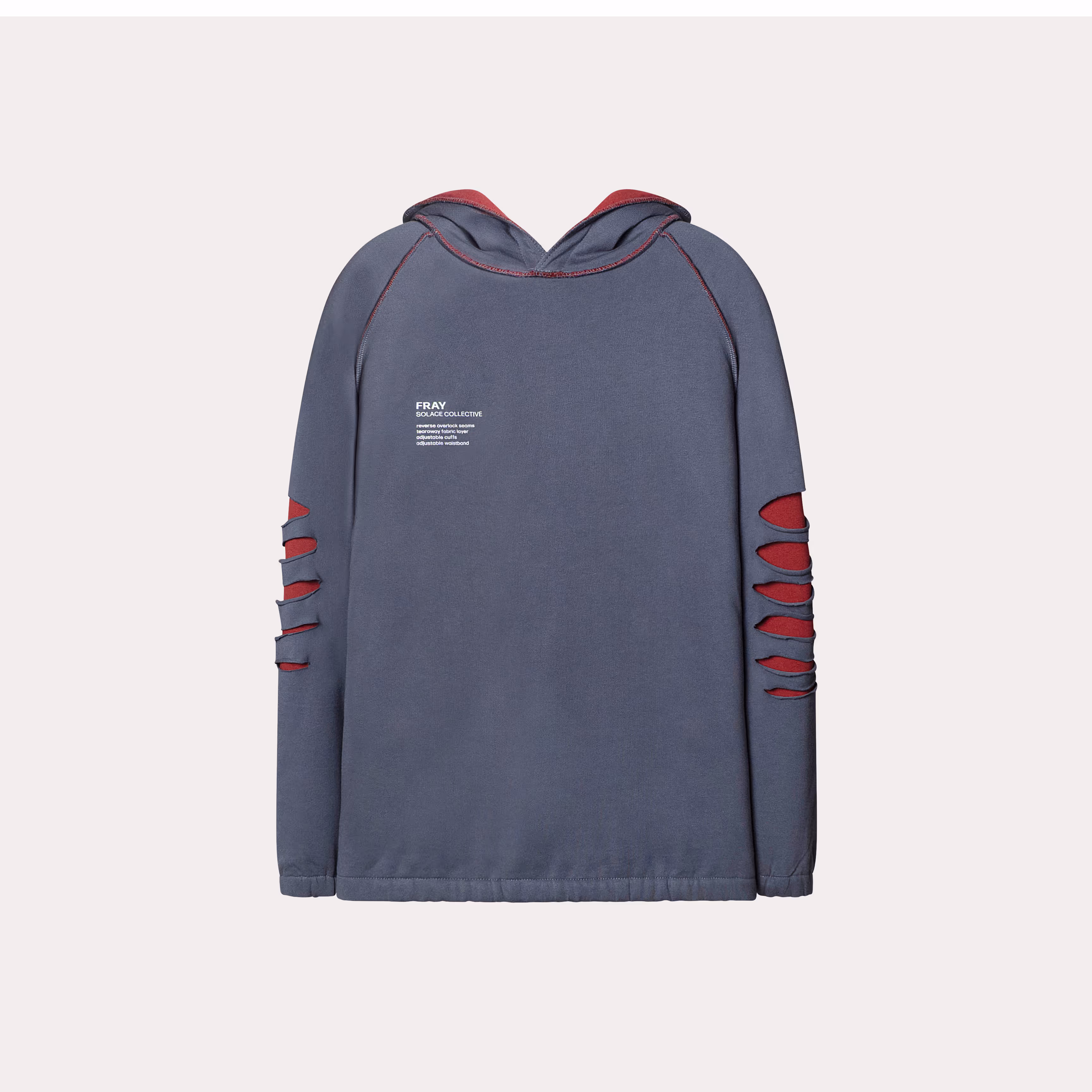 Blue SOLACE hoodie with red sleeve stripes on white background, apparel product photography by Photos by Lars.