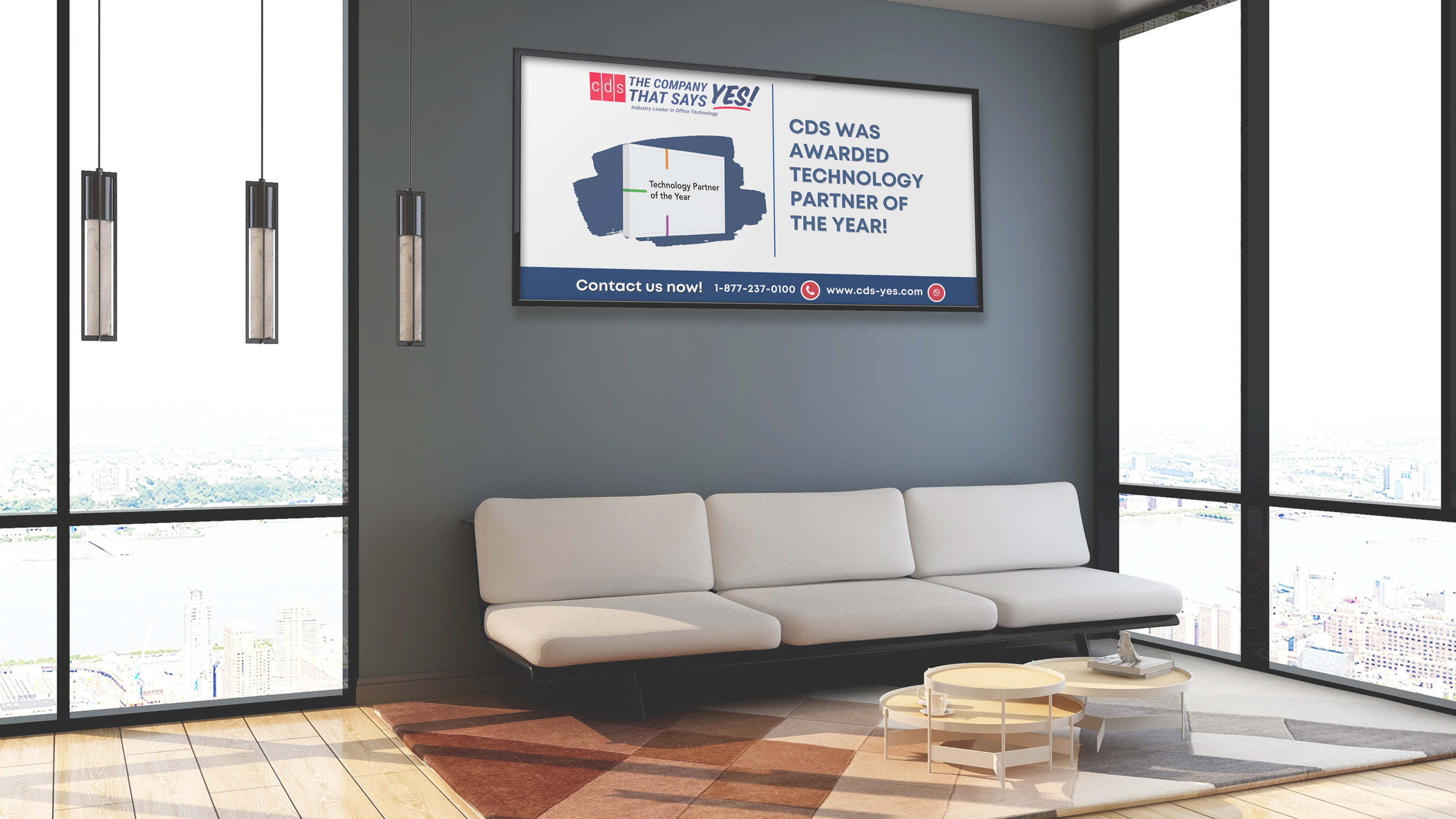 A lounge with Gabi Media's signage prominently displayed