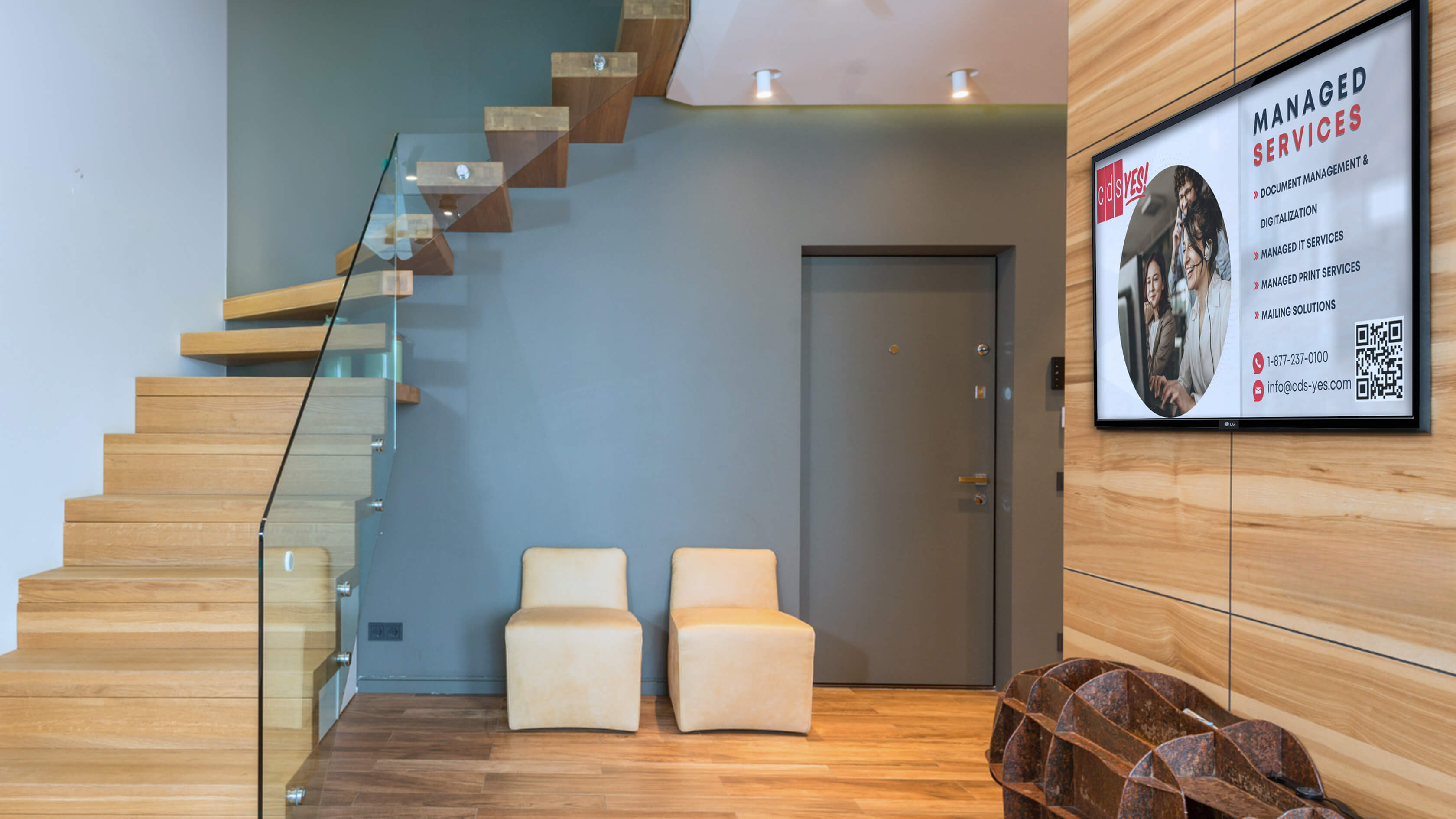 A common area with Gabi Media's signage prominently displayed