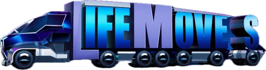 Blue and purple semi-truck with trailer spelling out the words 'LIFE MOVES'.